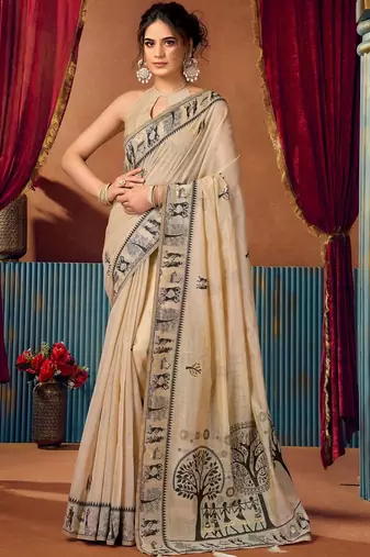 Beige warli printed zari silk cotton saree with blouse piece