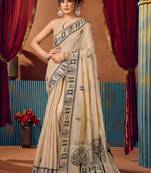 Beige warli printed zari silk cotton saree with blouse piece