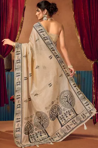 Beige warli printed zari silk cotton saree with blouse piece
