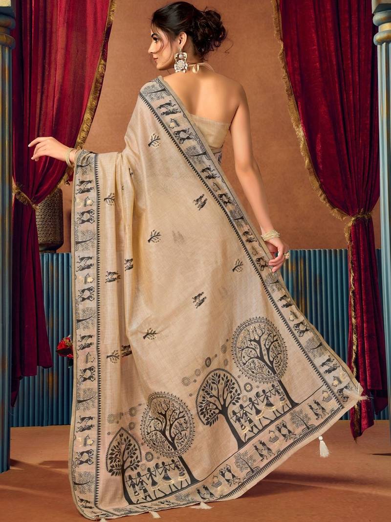 Beige warli printed zari silk cotton saree with blouse piece
