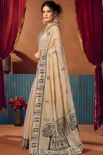 Beige warli printed zari silk cotton saree with blouse piece