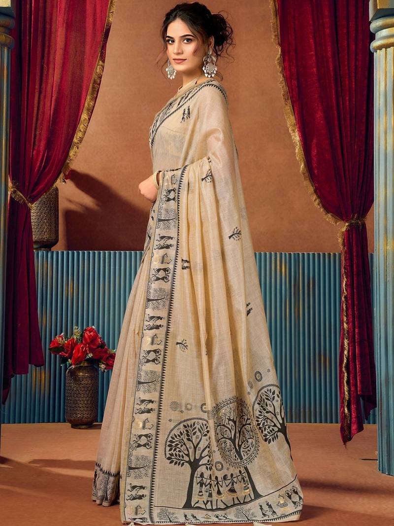 Beige warli printed zari silk cotton saree with blouse piece
