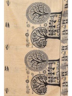 Beige warli printed zari silk cotton saree with blouse piece 4