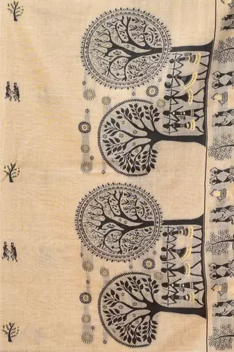Beige warli printed zari silk cotton saree with blouse piece