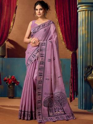 Purple warli printed zari silk cotton saree with blouse piece 1