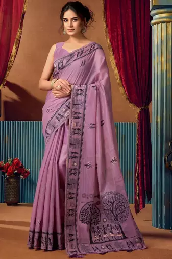 Purple warli printed zari silk cotton saree with blouse piece