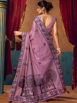 Purple warli printed zari silk cotton saree with blouse piece 2