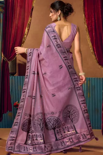 Purple warli printed zari silk cotton saree with blouse piece