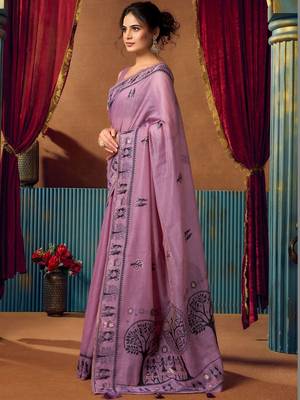 Purple warli printed zari silk cotton saree with blouse piece 3