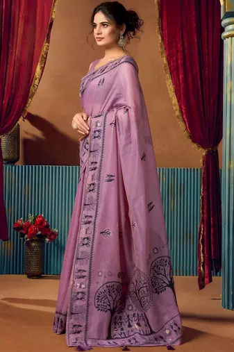 Purple warli printed zari silk cotton saree with blouse piece