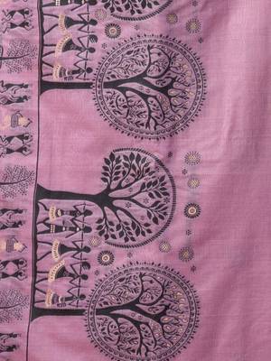 Purple warli printed zari silk cotton saree with blouse piece 4