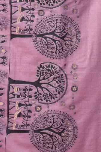 Purple warli printed zari silk cotton saree with blouse piece