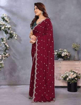 Maroon sequence embroidery saree 2