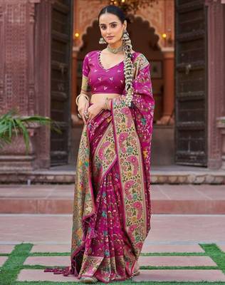 Pink woven design zari banarasi saree 1