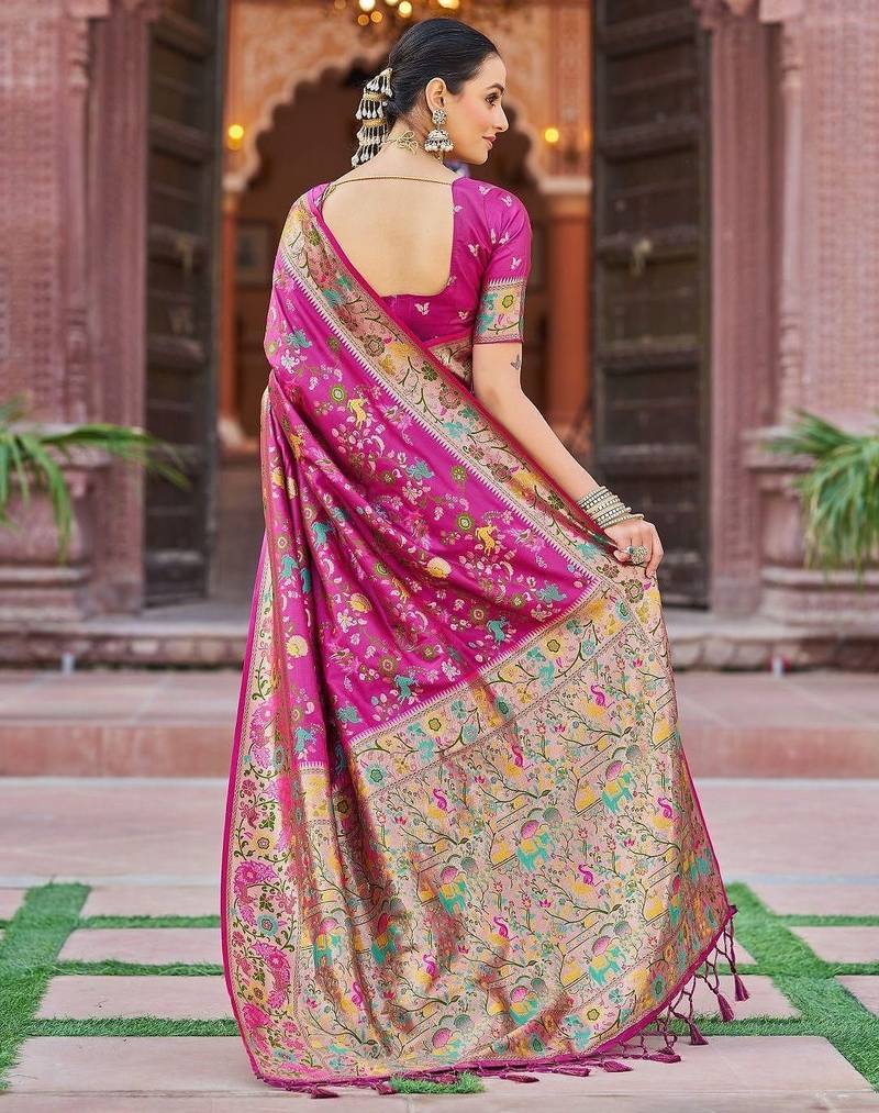 Pink woven design zari banarasi saree