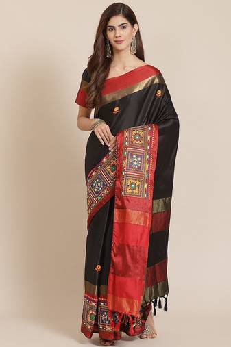 Black ethnic motifs mirror work saree