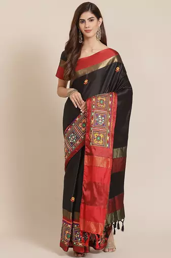Black ethnic motifs mirror work saree