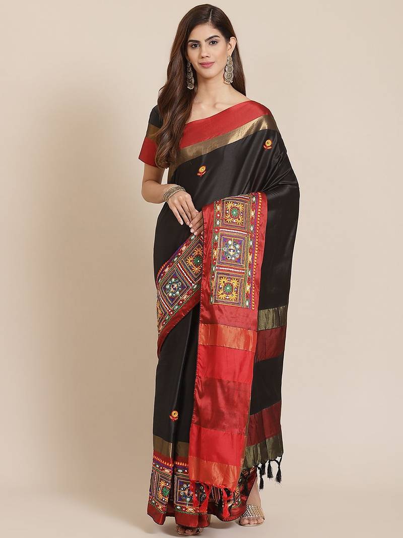 Black ethnic motifs mirror work saree