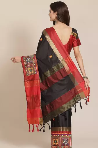 Black ethnic motifs mirror work saree