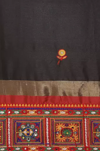 Black ethnic motifs mirror work saree