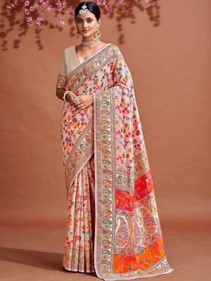 White ethnic motifs woven design zari saree 1