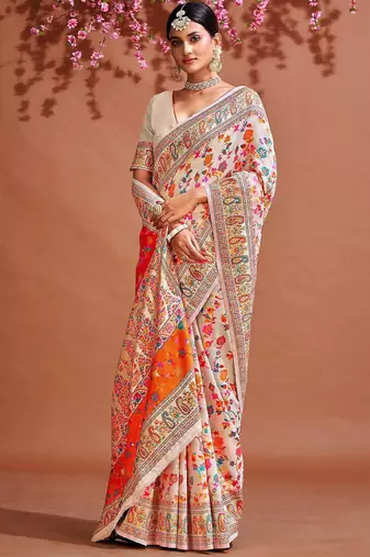 White ethnic motifs woven design zari saree