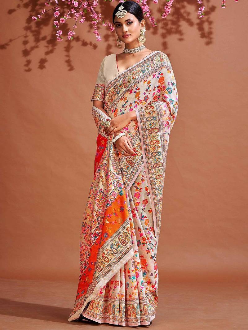 White ethnic motifs woven design zari saree