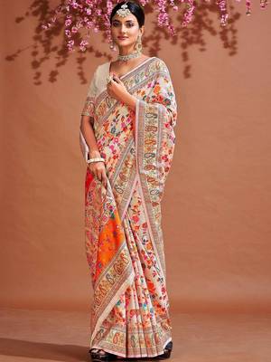 White ethnic motifs woven design zari saree 3