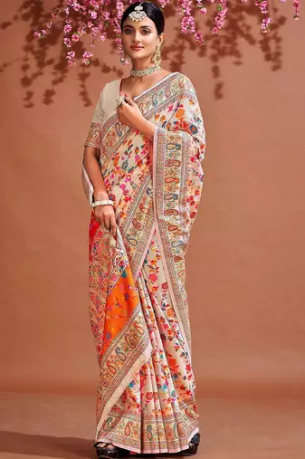 White ethnic motifs woven design zari saree