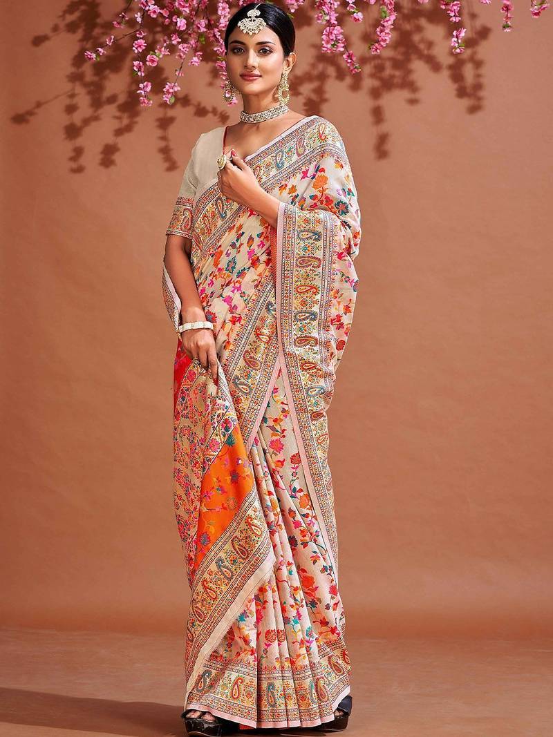 White ethnic motifs woven design zari saree