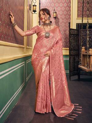 Peach ethnic motifs woven design zari saree 1