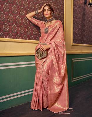 Peach ethnic motifs woven design zari saree 2