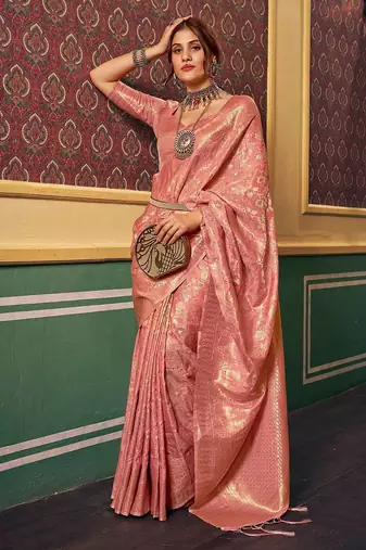 Peach ethnic motifs woven design zari saree