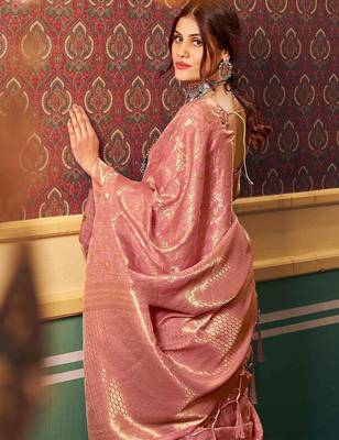 Peach ethnic motifs woven design zari saree 3