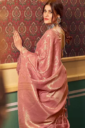 Peach ethnic motifs woven design zari saree