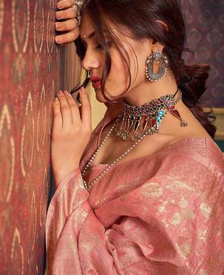 Peach ethnic motifs woven design zari saree 4