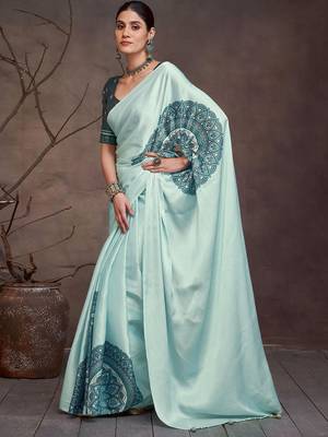 Teal floral satin saree 1