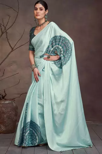 Teal floral satin saree