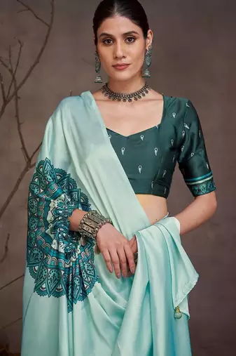 Teal floral satin saree