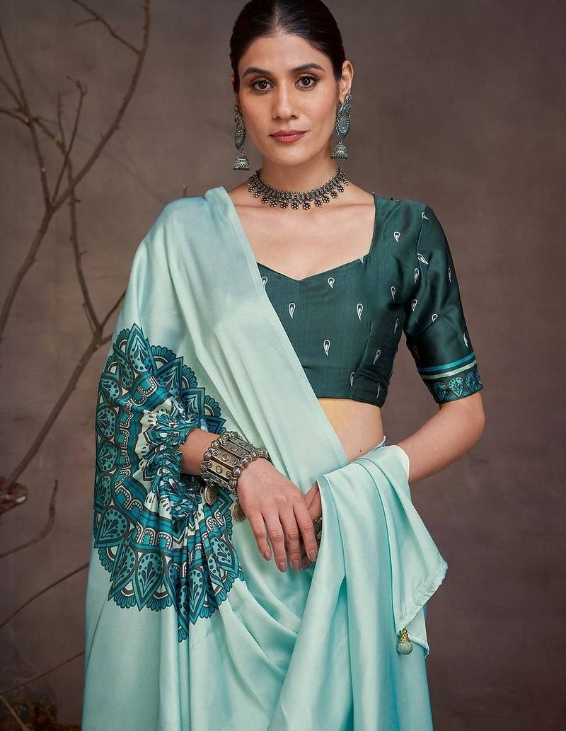 Teal floral satin saree
