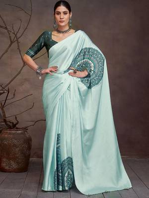 Teal floral satin saree 3