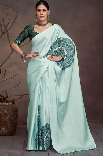 Teal floral satin saree