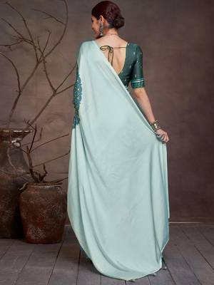 Teal floral satin saree 4