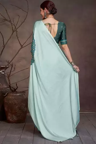 Teal floral satin saree