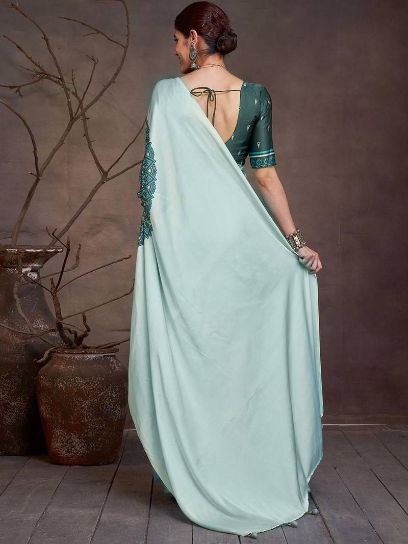 Teal floral satin saree