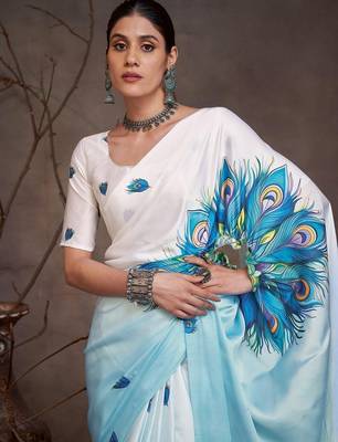 Blue ethnic motifs printed satin saree with blouse piece 1
