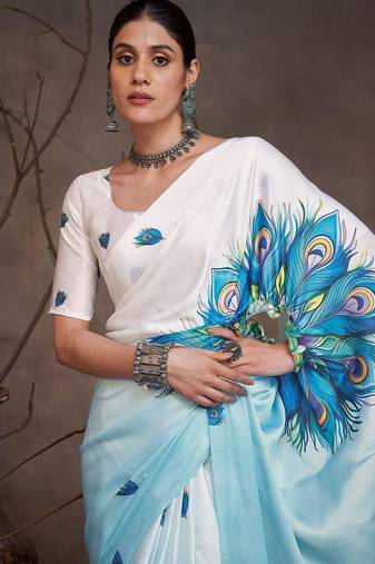 Blue ethnic motifs printed satin saree with blouse piece