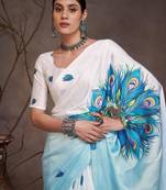 Blue ethnic motifs printed satin saree with blouse piece