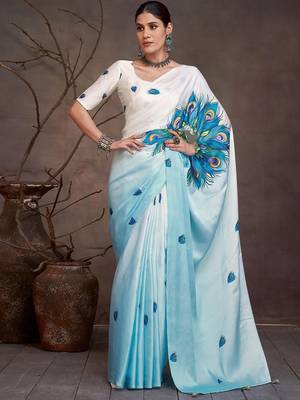 Blue ethnic motifs printed satin saree with blouse piece 2