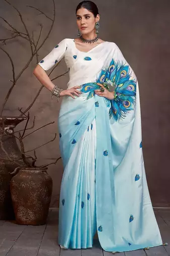 Blue ethnic motifs printed satin saree with blouse piece